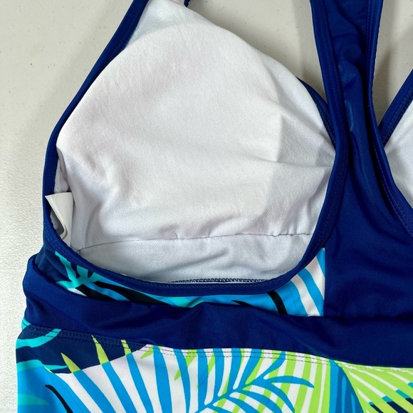 Blue and Green Leaf Print Women's Swim Top - Picture 9 of 15